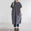 Vestido Mid-Length de Algodão e Linho Novo Verão 2026 com Bolsos Grandes, Caimento Relaxado, Vestido Camisa de Manga Curta Emagrecedor
