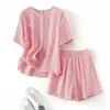Shorts de Terno Rosa de Algodão e Linho Leve e Respirável Estilo Francês Simples Conjunto de Duas Peças de Camisa e Shorts de Algodão e Linho Novo para Verão 2026 para Mulheres