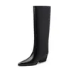 Botas de montaria femininas de salto alto e grossas, botas longas retas, novo modelo de inverno, botas de bico fino em couro bovino, botas femininas de cano longo acima do joelho