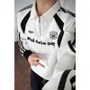 Sudadera tipo polo con media cremallera estilo americano para hombre con estampado de patchwork de tres rayas en contraste, corte holgado, deportiva, manga larga