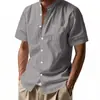 Amazon Transfronterizo Europa y América Verano Hombres Cardigan Holgado de Lino Color Sólido Casual Cuello Alto Playa Manga Corta Camisa Hombres