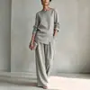 Conjunto feminino de outono de duas peças, cor sólida, estilo europeu e americano, transfronteiriço: conjunto de blusa de gola redonda e mangas compridas de corte solto e calça de cintura alta e perna larga
