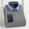 [Lana + Seda] Otoño e Invierno Hombres Terciopelo Engrosado Falso Dos Piezas Cálido Suéter Camisa Cuello Pulóver Suéter