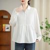 Camisa de Color Sólido Blanco y Negro Manga Larga Algodón Lino Top Apilado Artistic Sweet Lar Primavera 2025