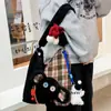 Popular Bolso de Lona Estilo Coreano de Alta Apariencia con Gato Lindo para Mujer, Bolso de Hombro Cruzado Individual, Bolso Tote de Gran Capacidad con Lazo