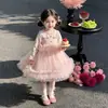 Vestido Francês Chique para Meninas Pequenas Primavera Outono Novo 2026 Meninas Bebês Elegante Princesa Malha Saia Bufante Vestido