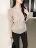 Enviado: Conjunto de dos piezas de camisa semi-alta romántica y elegante de estilo coreano, ligeramente transparente, con cinturón en la cintura + camisola 19497