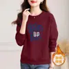 Moletom Aconchegante com Gola Redonda de Veludo Espesso para Mulheres Outono e Inverno Novo Estampa de Letras Tendência Versátil Simples Diário Top Quente Tendência