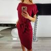 Vestido ajustado con bolsillos y cuello alto para mujer, estilo europeo y americano, nuevo, de manga corta, con cordones y lazo, cintura alta, ajustado y adelgazante