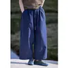 Pantalones Largos de Algodón Puro Azul Nuevo de Verano Artísticos para Mujer, Cintura Elástica, Pantalones Rectos Casuales Holgados Retro Adelgazantes