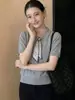 Camisa Polo de Punto Gris con Bufanda de Seda, Camiseta de Manga Corta con Hombro Normal para Mujer, Nuevo Estilo de Verano, Diseño de Nicho Adelgazante, Top con Cuello de Solapa