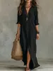 Vestido Camisa Holgado Negro Estilo Bohemio Vintage para Mujer con Cuello de Solapa, Cierre de Botones a Mitad del Frente, Mangas Largas y Abertura