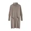 Novo Vestido Longo de Gola Alta 100% Lã Estilo Preguiçoso Outono/Inverno para Mulheres, Caimento Solto, Suéter de Cashmere Acima do Joelho