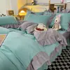 Estilo Coreano Gris Ins Encaje Bicolor Algodón Lavado Juego de Cuatro Piezas Funda Nórdica Sábana Individual/Doble Juego de Tres Piezas para Dormitorio de Estudiantes