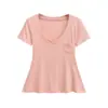 Top Corto de Manga Corta Ligeramente Transparente Estilo Deseo Puro para Mujer Verano Nuevo Llegada Estilo Perezoso Cuello en V Bolsillo Cintura Ajustada Camiseta Adelgazante
