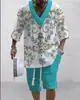 Traje Jacquard Impreso en 3D Transfronterizo para Hombre Verano Holgado Camiseta de Manga Corta Pantalones Cortos Cuello en V Traje Deportivo Traje de Dos Piezas para Hombre