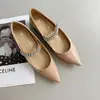 Cadena de Pedrería Punta Fina Piel Charol Suave Aumento Interno Francés Sexy Punta Abierta Costura Zapatos de Mujer Estilo Hada Zapatos Mary Jane