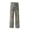 Jeans Sujo Rasgado Wasteland Masculino e Feminino Indústria Pesada Lavado Velho Perna Reta Calças Design Nicho Punk Perna Larga