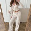 Europeu e Americano Transfronteiriço Outono e Inverno Novo Tricô Floral Pequeno Manga Longa Calças Terno Casual Pijama Roupas de Casa Macias para Usar por Cima