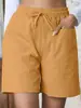 Pantalones Cortos Casuales de Lino Sueltos de Verano Nuevos Transfronterizos Europeos y Americanos con Bolsillos, Color Sólido, Talla Grande de Cintura Alta Anchos para Mujer
