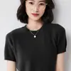 Camiseta de Tricô Feminina Fina de Manga Curta Solta, Suéter de Gola Redonda, Top Camada Base para Primavera, Outono e Verão, Suéter Curto de Meia-Manga