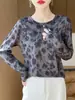 Camisa Base Tie-Dye Tinta Lavada para Mulheres, Gola Redonda Slim Fit Manga Longa Respirável, Camisa de Linho Tencel Fashion e Tendência para Primavera