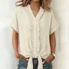 2026 Nova Moda de Rua Transfronteiriça de Verão Camisa Feminina Elegante com Cadarço, Decote em V, Corte Regular, Manga Curta