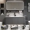 Gabinetes de baño de aluminio tipo panal SPC color blanco crema con esquinas redondeadas combinación de gabinete para lavabo de cerámica lavabo
