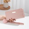 Cartera de doble capa con bola de pelo sencilla y bordada con tarjetero largo y doble cremallera