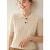 Suéter de Caxemira com Gola Polo Outono Inverno Feminino Manga Curta Camisa de Malha para Camada Interna Twist de Caxemira Manga Curta Estilo Preppy