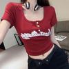 Camiseta Americana Retro de Cuello Bajo y Hombro Manga Corta para Mujer Verano Nuevo Diseño Niche Sensación de Chica Picante Pura