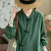 Top de manga larga retro literario de doble capa, estilo étnico moderno, nueva moda china, camisa casual con tapeta oblicua y botón de rana para mujer