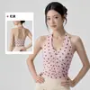 Top de yoga con cuello halter y copas fijas, camiseta sin mangas deportiva estampada, pliegues centrales delanteros, corte ajustado, adecuado para usar al aire libre, camiseta sin mangas de fitness para mujer