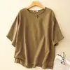 Top de Verão Feminino Artístico de Algodão e Linho Vintage, Pulôver Novo Estilo Chinês, Camiseta de Cor Pura com Gola Redonda e Manga Curta Inspirada no Zen com Detalhe de Botão