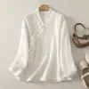 Blusa Feminina Estilo Chinês Novo Juvenil com Botões de Nó Chinês, Gola Diagonal, Camisa de Manga Longa, Roupa para Meditação Zen, Cardigan para Chá