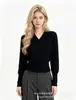 Elegante blusa de manga longa com decote V cruzado em fio fiado para mulheres, outono e inverno, acinturada, afina a silhueta, suéter, pulôver