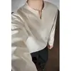 Camiseta de linho falso estilo americano com decote V e mangas compridas para primavera e outono, estilo old money, casual e estilosa, camiseta básica masculina de corte solto
