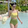 Traje de baño de mujer Bikini de dos piezas de color sólido Cubre la piel y estiliza Estilo Pura Lustre Color de contraste Cintura alta Traje de baño para senos pequeños para mujer