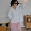 Camisa solta de manga comprida com gola alta estilo francês para mulheres, acabamento em renda branca de outono, top jovem e elegante 18743
