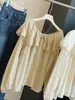 Camisa feminina de renda estilo francês com babados emendados, ombro a ombro, manga longa, novo modelo de outono com mangas bufantes, top babydoll jovem e versátil