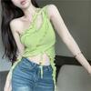 2025 Nuevo Chaleco de Chica Hot Tailandesa Hombro Asimétrico Camiseta Corta Color Aguacate Camisa Pequeña Top con Volantes de un Solo Hombro