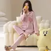 Conjunto de Pijama de Otoño Algodón Puro para Mujer Nuevo Casual Dibujos Animados Se Puede Usar Afuera Cardigan con Solapa Ropa de Casa Conjunto de Dos Piezas