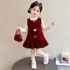 Conjunto de Vestido de Princesa con Muñeca de Lazo Estilo Coreano para Niñas 2026 Nuevo Conjunto Elegante de Dos Piezas de Moda Infantil para Niñas Pequeñas