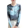 Pintura de Tinta China de Primavera y Otoño Manga Larga/Manga Larga Estampada de Moda Talla Extra Cuello Redondo Malla Transpirable Top Adelgazante para Mujer Corte Regular