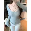 Blusa básica canelada slim fit de manga comprida, doce, para mulheres, outono e inverno, gola U, estilo coreano puro e desejável, rosa