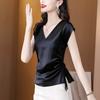 Playera Elegante de Seda Adelgazante con Cuello en V y Manga Corta para Mujer, Top de Seda de Moda Elegante de Lujo Ligero y Alta Gama