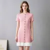 Amazon Transfronterizo Nuevo Estilo Soltero Botón Parche Francés Plisado Manga Corta Elegante Estilo Pequeño Xiang Vestido de Punto para Mujer