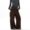 Calça de trabalho azul estilo francês de perna larga com bolsos zíper tridimensionais, corte solto, efeito emagrecedor, calça versátil e moderna de comprimento total para mulheres