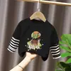 Camiseta de Manga Larga de Algodón Puro con Estampado de Dibujos Animados para Niñas, Estilo Nuevo de Primavera y Otoño 2026, Top de Rayas Falso de Dos Piezas T