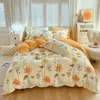 Suave juego de ropa de cama de lujo con estampado floral rosa, tela cepillada de doble cara engrosada, fresco y dulce, adecuado para todas las estaciones en el dormitorio